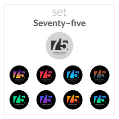75 logo icon flat and vector set design template. Monogram seven and five. Logotype seventy-five with blue, red, green, yellow, violet, orange gradient on black background. Concept for card banner