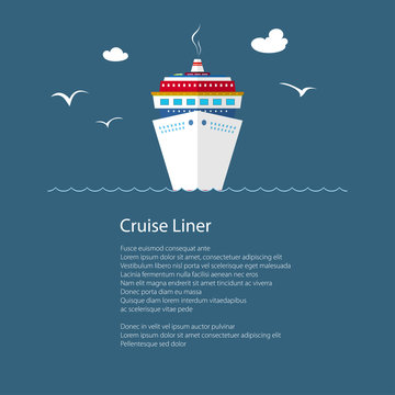 Cruise Ship at Sea and Text, Front View of the Liner, Travel Concept , Poster Brochure Flyer Design, Vector Illustration