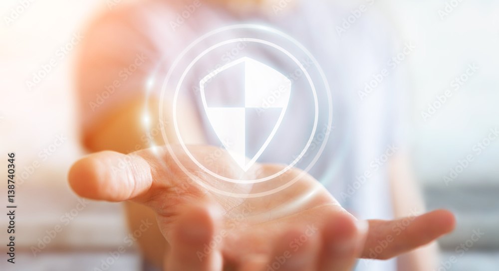 Poster businessman using shield safe protection to protect his datas 3d rendering