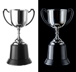 Silver trophy cup on black and white background