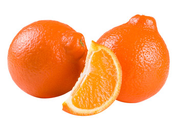 two orange tangerine or Mineola with slice isolated on white background