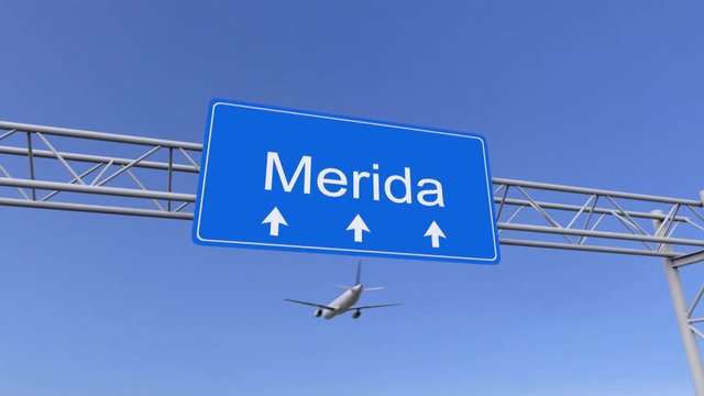 Commercial airplane arriving to Merida airport. Travelling to Mexico conceptual 4K animation