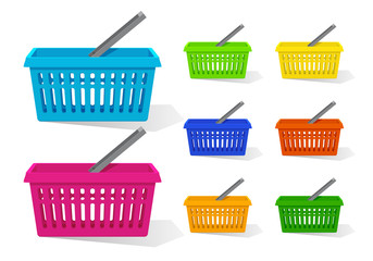 Vector illustration. Set of colorful empty plastic shopping basket with handle. Supermarket objects isolated on white background