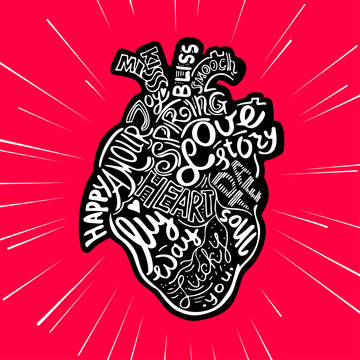 Hand drawing sketch anatomical heart. Lettering doodle vector illustration. Many inspirations in heart shape.