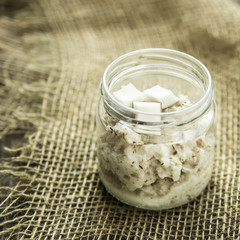 soft body scrub made from coconut, coconut milk and oil. natural homemade cosmetics