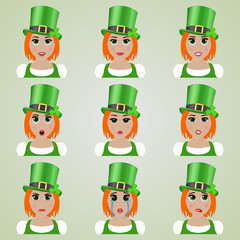 Set of cute leprechaun girl emoticons.