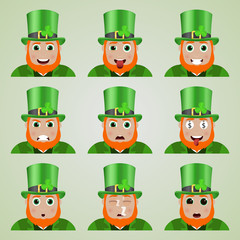 Set of cute leprechaun emoticons.