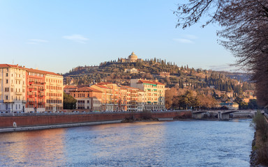 historical quarter of Verona, sunny view from river on fort San Leonardo, Italy