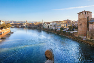 historical quarter of Verona, view from Castel Vecchio bridge, Italy