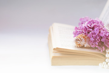 Obraz na płótnie Canvas Vintage background with old book, lilac flower, and pearls. Romantic backdrop good for wedding invitation or greeting card design with copy space.