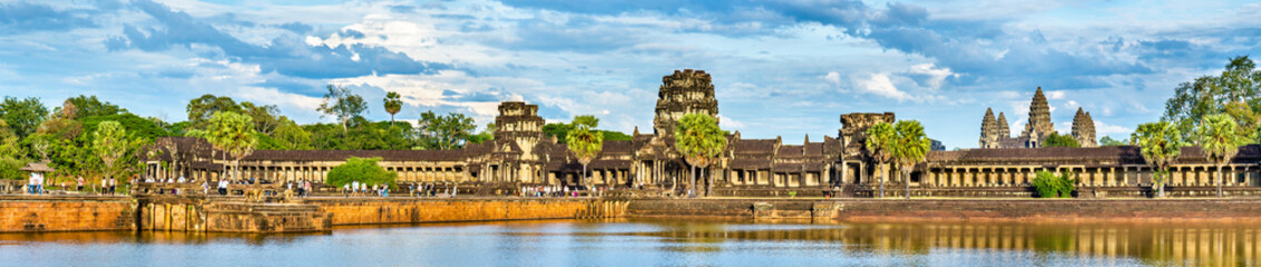 Panorama of Angkor Wat across the moat, a UNESCO world heritage site in Cambodia