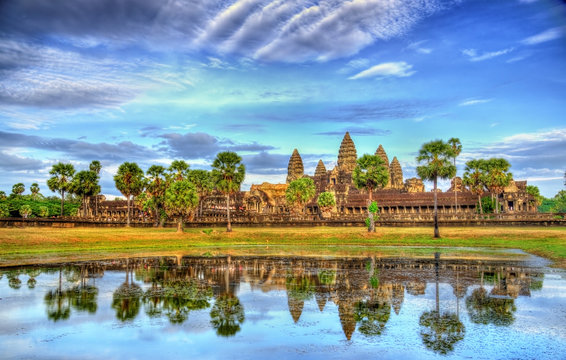 Angkor Wat seen across the lake, a UNESCO world heritage site in Cambodia