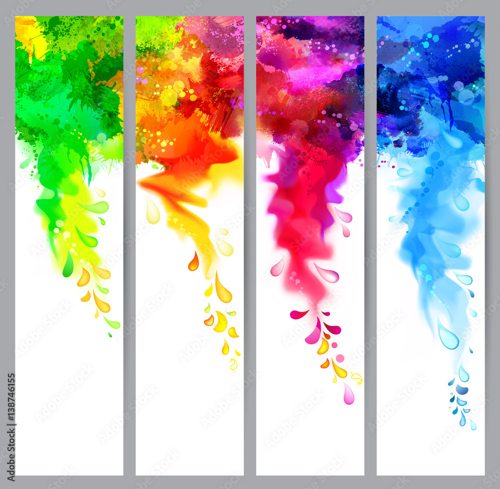 Poster Set of four holi banners, abstract headers with colored splash blots. Bright spots and blobs for holiday backgrounds.