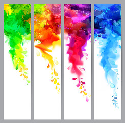 Set of four holi banners, abstract headers with colored splash blots. Bright spots and blobs for holiday backgrounds.