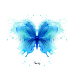 Beautiful blue watercolor abstract translucent butterfly on the white background. Wings look like wet watercolor splashing. - obrazy, fototapety, plakaty