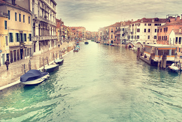 Canal with gondolas in Venice, night view, Italy