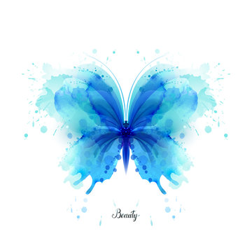 Beautiful blue watercolor abstract translucent butterfly on the white background. Wings look like wet watercolor splashing.