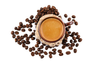 Coffee beans and coffee cup with white background
