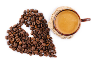 Coffee beans and coffee cup with white background