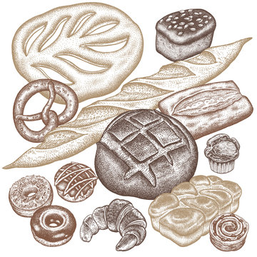 Bread, buns, pastries set.
