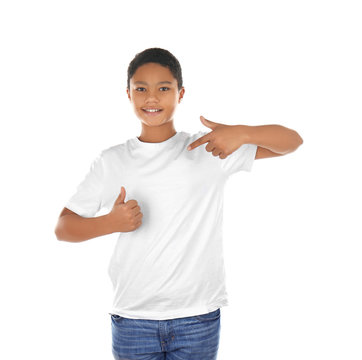 Young African American Boy In Blank White T-shirt Standing On White Background