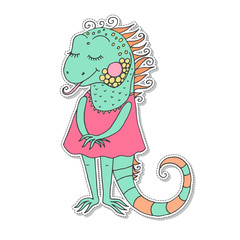 Cute iguana with closed eyes in pink dress