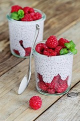 Chia seeds pudding with fresh raspberries.Detox breakfast . Super foods concept.