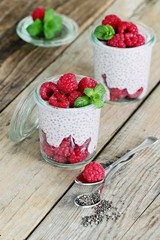Chia seeds pudding with fresh raspberries.Detox breakfast . Super foods concept.