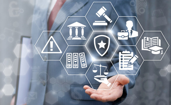 Law insurance and security business concept. Man offer shield star icon on virtual judicial screen on background of network justice icon. Safety judge court tribunal technology