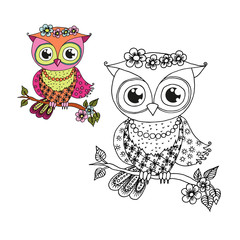Cute cartoon owl sitting on tree branch