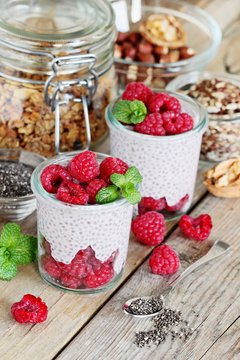 Chia seeds pudding with fresh raspberries.Detox breakfast . Super foods concept.