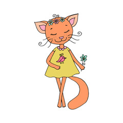 Cute cat with closed eyes in yellow dress with bird
