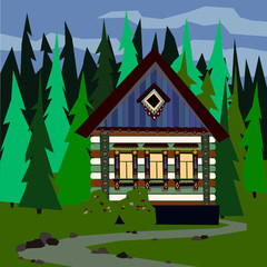 House in a dense forest. Easy editable vector illustration