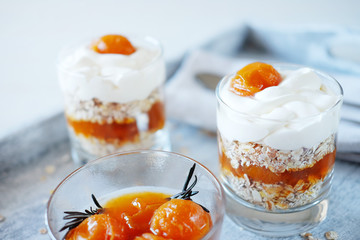 Oats layered with spicy apricot jam. Healthy food concept.