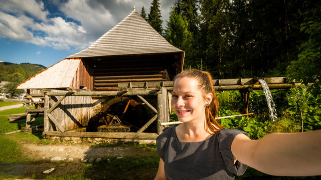 Girl in the historical ancient museum village Zuberec Brestova in Slovakia