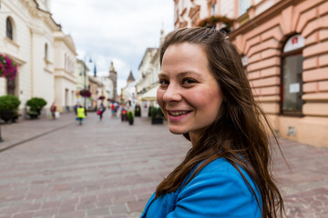 Model girl in a blue blazer in Kosice