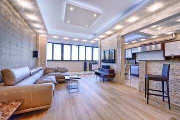 Russia, Moscow - modern designer renovation in a luxury building. The interior of the living room