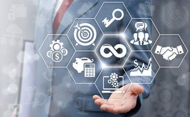 
    Infinity business success finance investment start up concept. Strategy planning banking internet computing technology. Businessman with clipboard offers infinite budget corporation