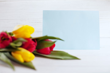 Fototapeta premium Background with spring tulips on a wooden white background. Concept of holiday, birthday, Easter, March 8.
