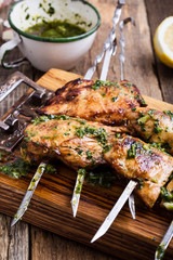 Grilled chicken skewers with chimichurri sauce