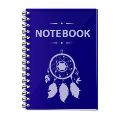 Vector realistic illustration of a blue notebook. Closed notebook with a helical mount. On the cover painted a catcher of dreams.