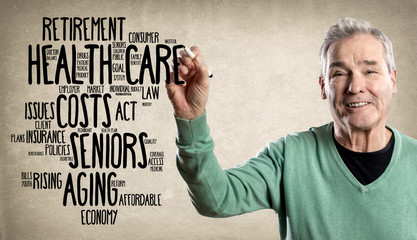 Happy Senior Man, leaning on a Dollar sign - Grunge Background