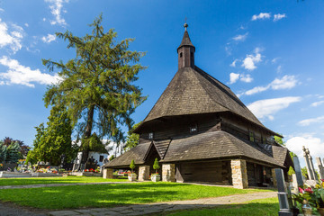 Fototapeta na wymiar View of the ancient historic church Dreveny Goticky Kostol in Trvdosin