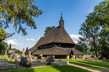 Fototapeta na wymiar View of the ancient historic church Dreveny Goticky Kostol in Trvdosin