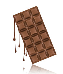 Chocolate dripping from chocolate bar isolated on white background