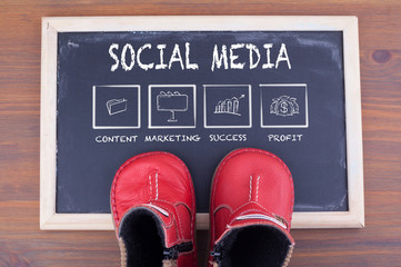 Social Media and kid shoes on on chalkboard and wooden background.

