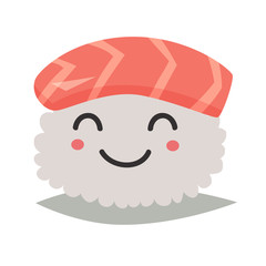 Sashimi happy emoji vector illustration. Emoji happy sushi in sunglasses icons. Sashimil whith salmon funny stickers. Food, cartoon style. Sushi isolated on white background