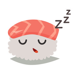 Sashimi sleeping emoji vector illustration. Cute sushi emoticon icon. Sashimil whith salmon funny sticker, flat cartoon style. Isolated emoticon on white background