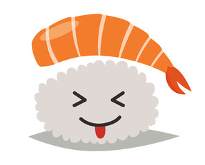 Sashimi happy emoji vector illustration. Cute sushi with tongue emoticon icons. Sashimil whith shrimp funny sticker, flat cartoon style. Isolated emoticon on white background