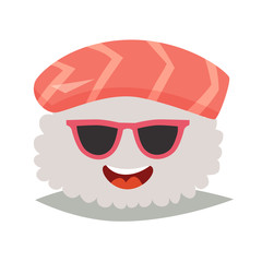 Sashimi happy emoji vector illustration. Emoji happy sushi in sunglasses icons. Sashimil whith salmon funny stickers. Food, cartoon style. Sushi isolated on white background